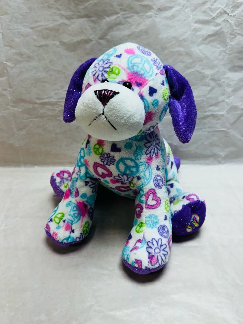 WEBKINZ GANZ Plush Puppy Toy - Purple & Multicolor Peace Signs